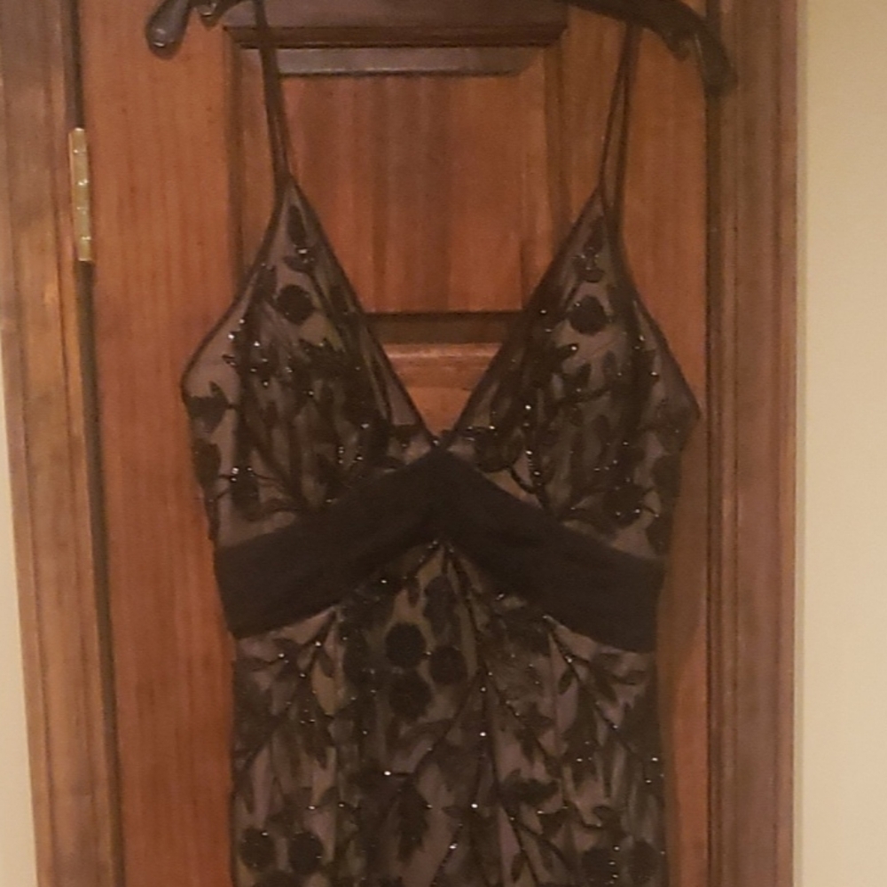 Fully Beaded SILK black over nude evening gown dress L 8 10